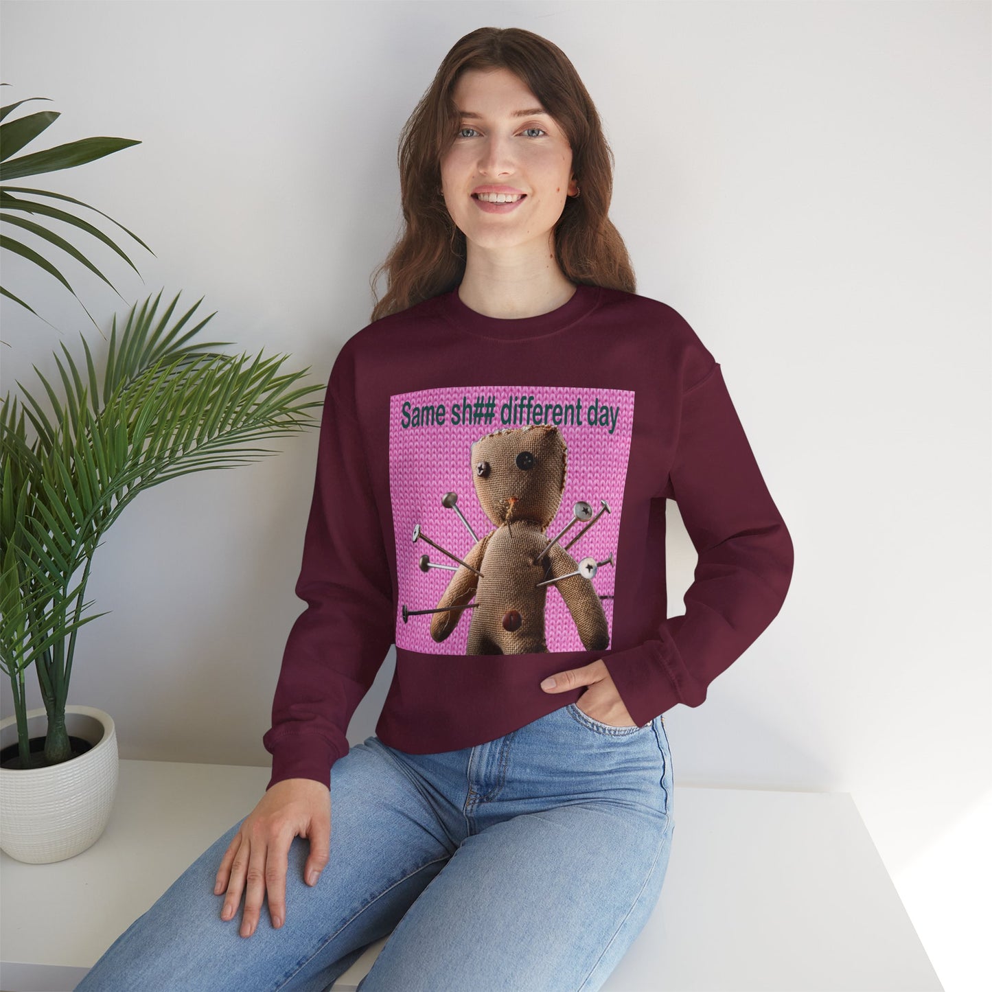 Voodoo Doll Funny Graphic Crewneck Sweatshirt, Casual Everyday Wear, Perfect Gift for Friends & Family, Humor, Quirky Style, Unisex