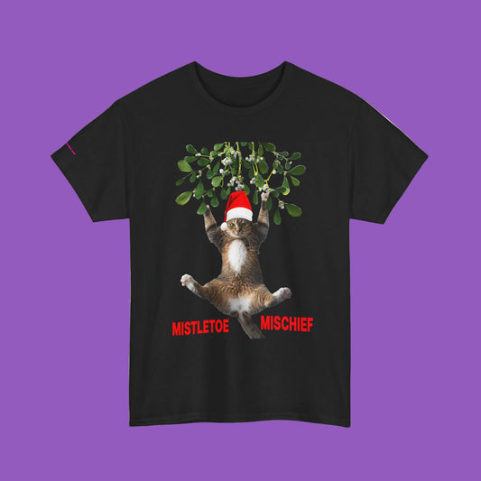 Mistletoe Mischief Cat T-Shirt — Cat in Santa Hat Hanging from Mistletoe Holiday Tee