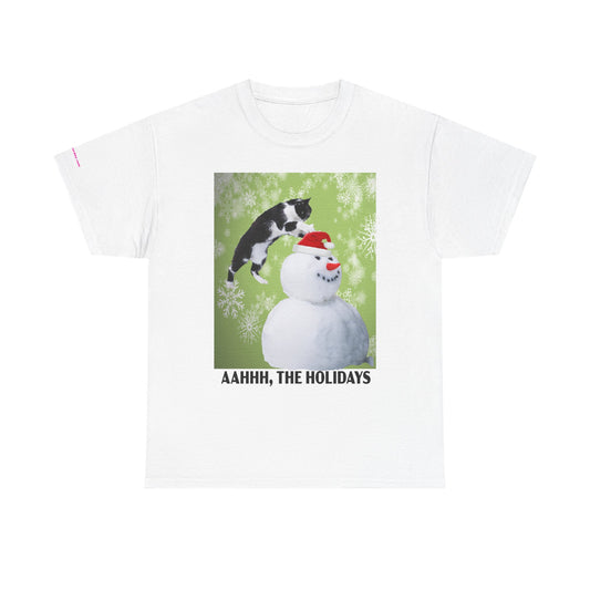 Holiday Cat T‑Shirt – “Aahhh, The Holidays” Funny Snowman Cat Tee