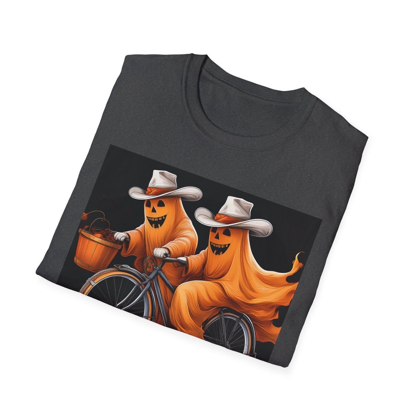 Funny cowboyGhost Bicycle T-Shirt | Halloween Tee for Kids, Unisex Festival Apparel, Ghostly Fun Wear, Spooky Season Gift