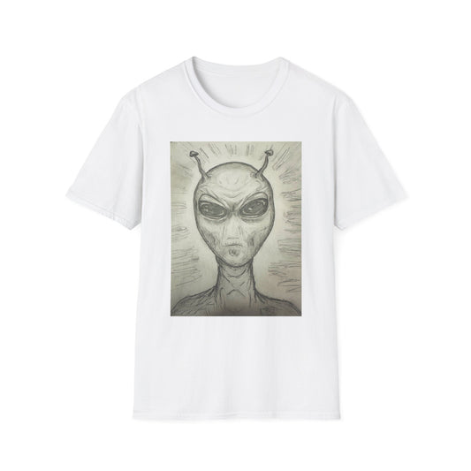 Alien Sketch B & W Unisex Softstyle T-Shirt, Casual Graphic Tee, Sci-Fi Lover Apparel, Unique Gift for UFO Enthusiasts, Everyday Wear