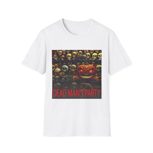 Halloween Dead Mans Party Tee, Unisex Softstyle T-Shirt, Skull Graphic Shirt, Casual Halloween Outfit, Spooky Season Apparel, Horror Fan Gift