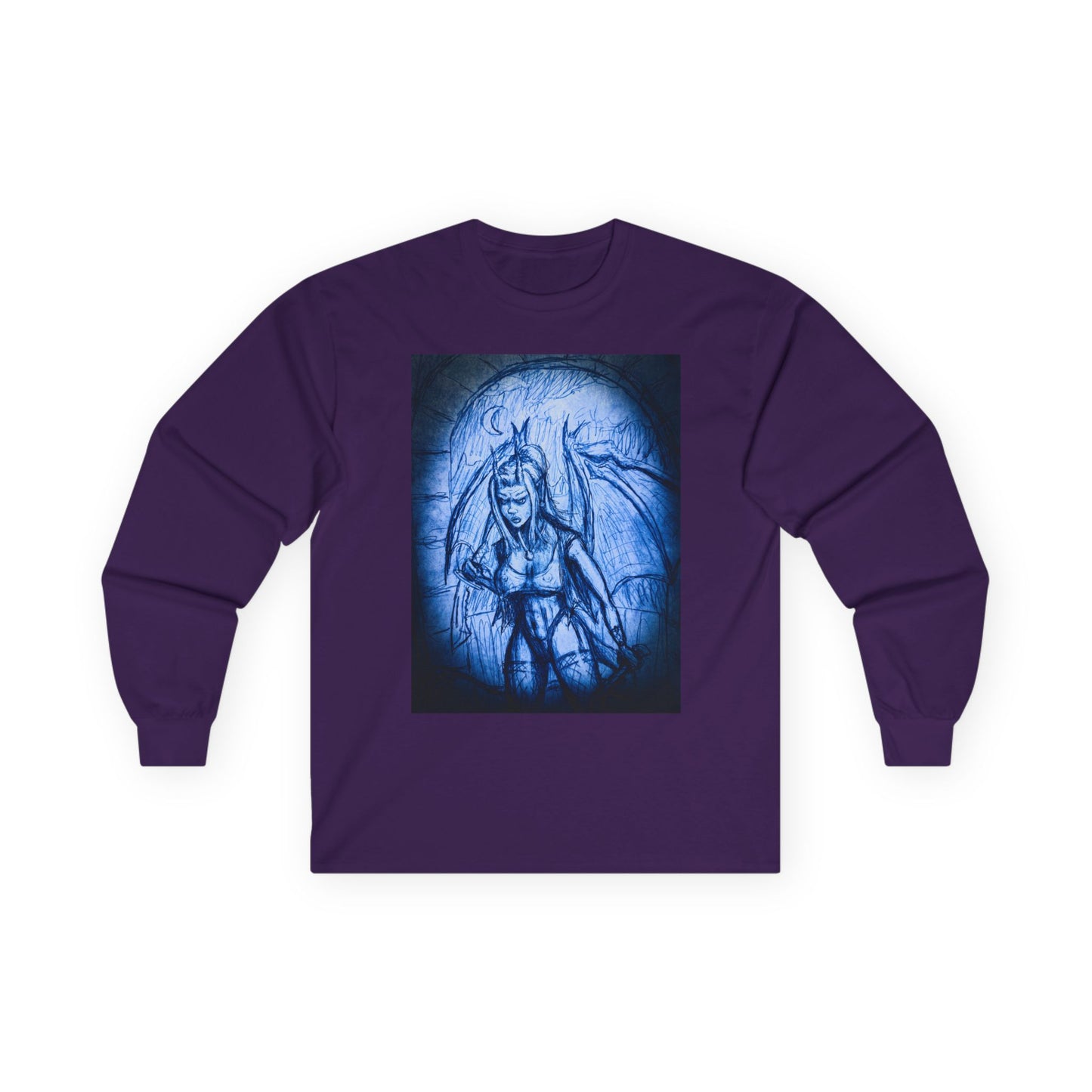 Gothic Demon Art Long Sleeve Tee — Blue Gothic Illustration