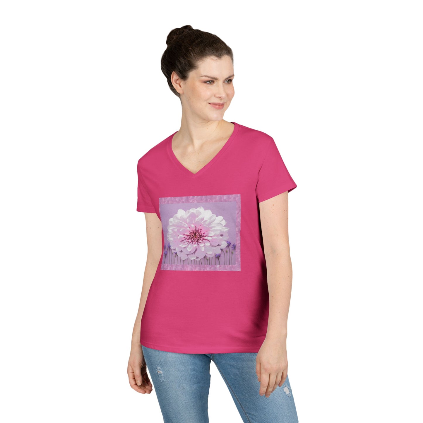 Floral V-Neck Tee — 'Sophie's Saturday' Pink Blossom Graphic