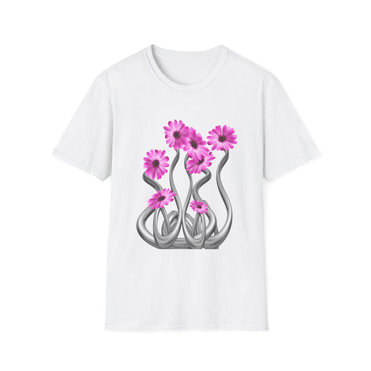 Floral Metal Futuristic Twist T‑Shirt — Pink Daisy Vine Graphic Tee