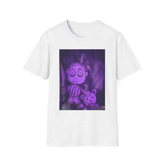 Gothic Purple Cartoon Horror Tee — Knife Kid with Teddy Graphic T-Shirt