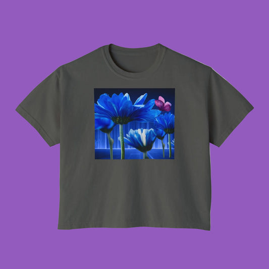 Floral Blue Flowered Backlight Boxy Tee, Boho