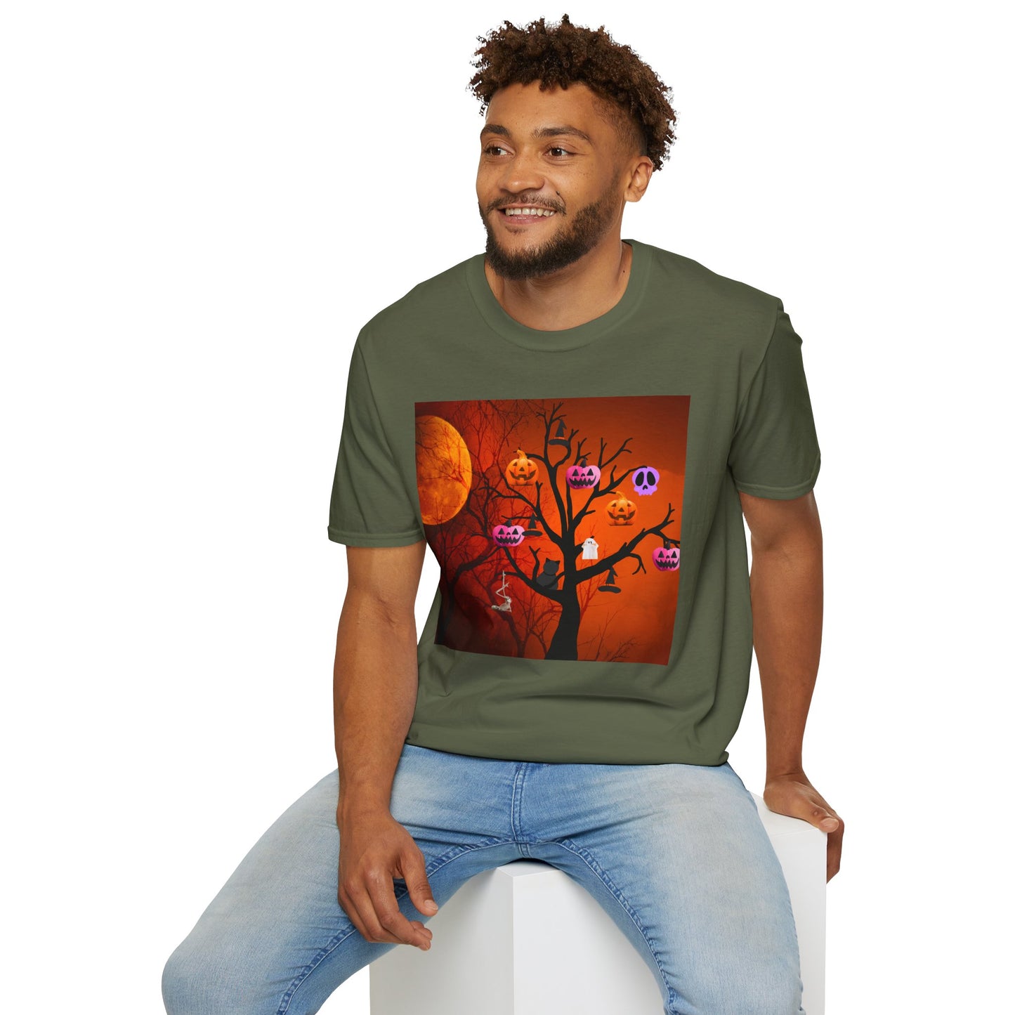 Halloween Pumpkin Tree T-Shirt, Unisex Softstyle Tee for Halloween, Spooky Vibes, Autumn Fashion, Fall Celebration Shirt
