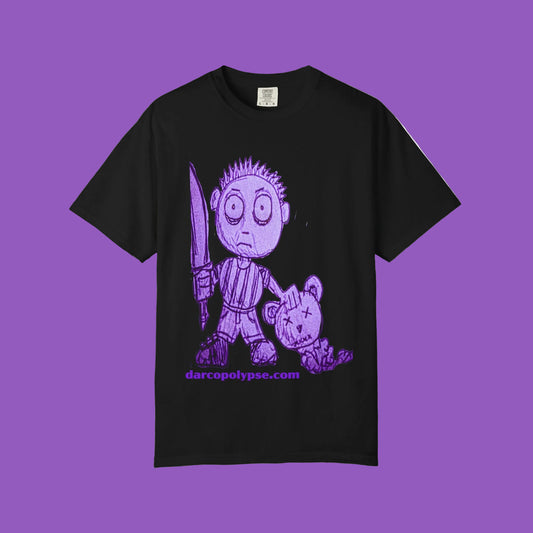 Horror Cartoon T-Shirt — Creepy Knife Kid with Broken Bunny Graphic