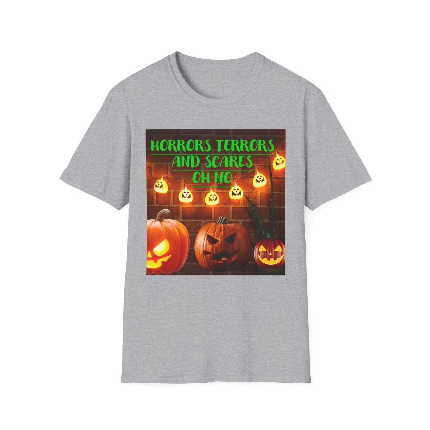 Halloween T-Shirt with Scary Pumpkins and string lights - Horror, Terrors and Scares Oh No