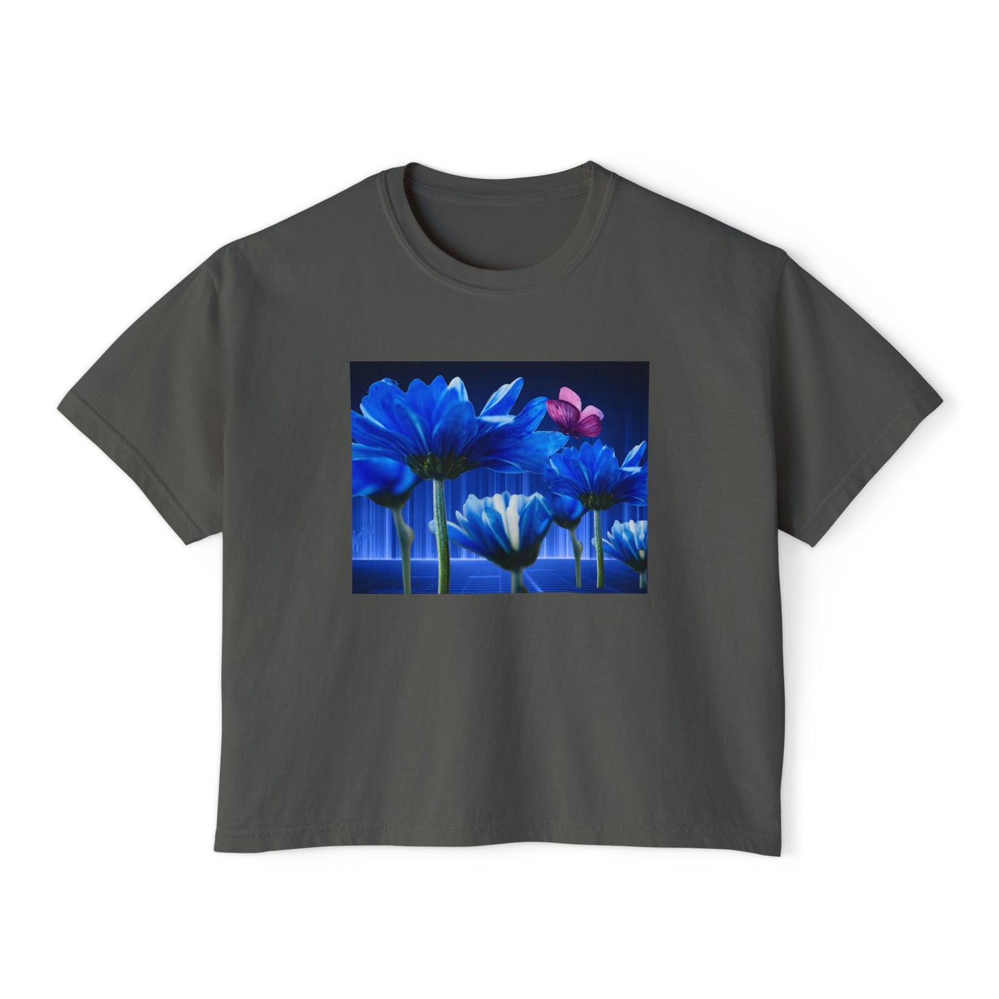 Floral Blue Flowered Backlight Women's Boxy Tee, Boho Chic Style, Perfect Summer Top, Gift for Her, Casual Cute Shirt, Nature-Inspired Apparel