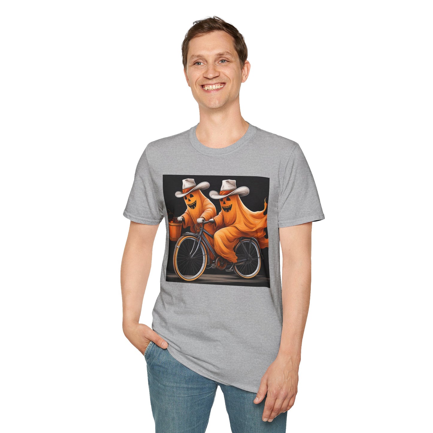 Funny cowboyGhost Bicycle T-Shirt | Halloween Tee for Kids, Unisex Festival Apparel, Ghostly Fun Wear, Spooky Season Gift