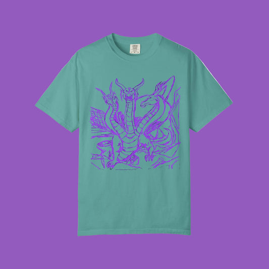 Hydra Line Art T‑Shirt — Purple Mythical Three-Headed Dragon Graphic Tee