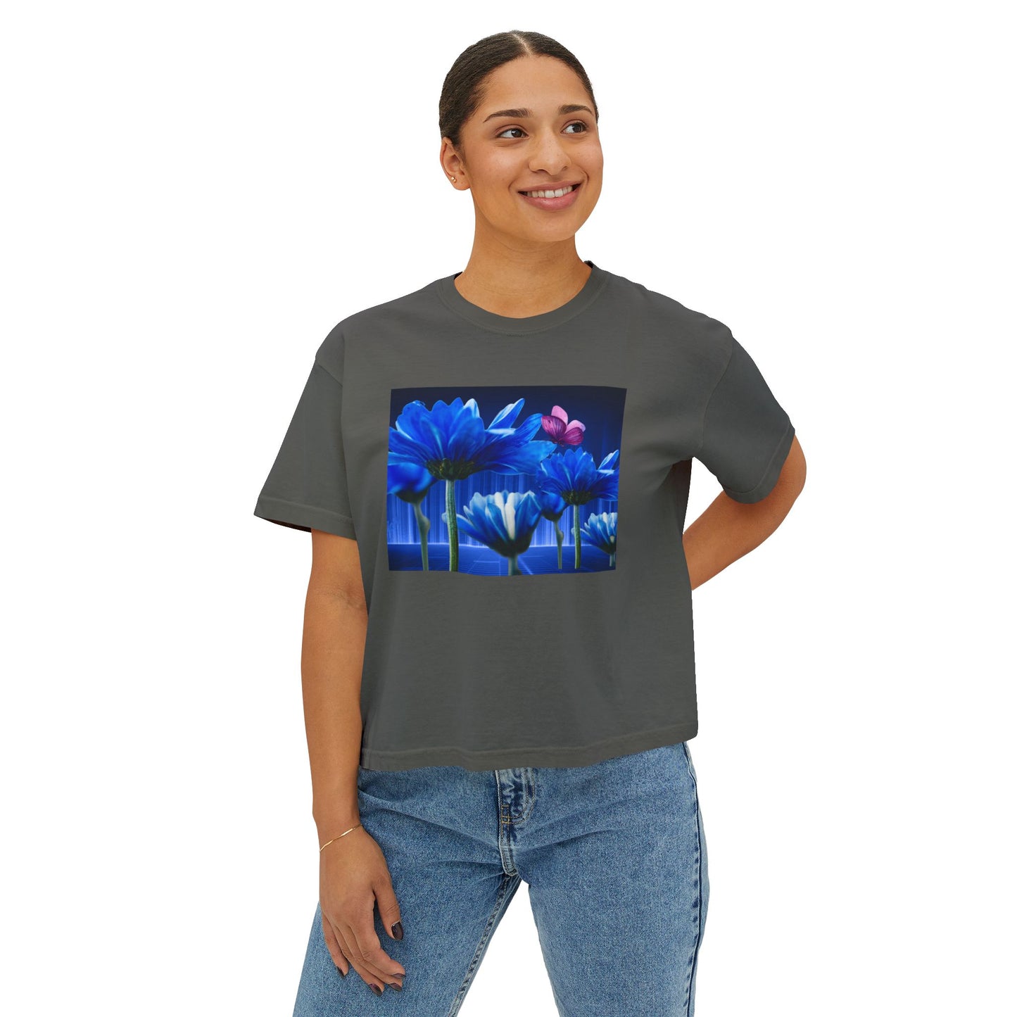 Floral Blue Flowered Backlight Women's Boxy Tee, Boho Chic Style, Perfect Summer Top, Gift for Her, Casual Cute Shirt, Nature-Inspired Apparel