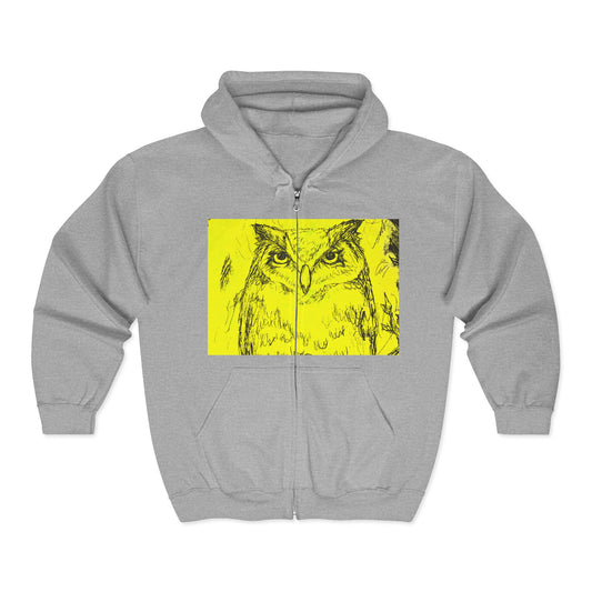 Owl Art Zip-Up Hoodie | Cozy Unisex Sweatshirt for Nature Lovers | Gift for Bird Watchers, Halloween Outfit, Cute Owl Design