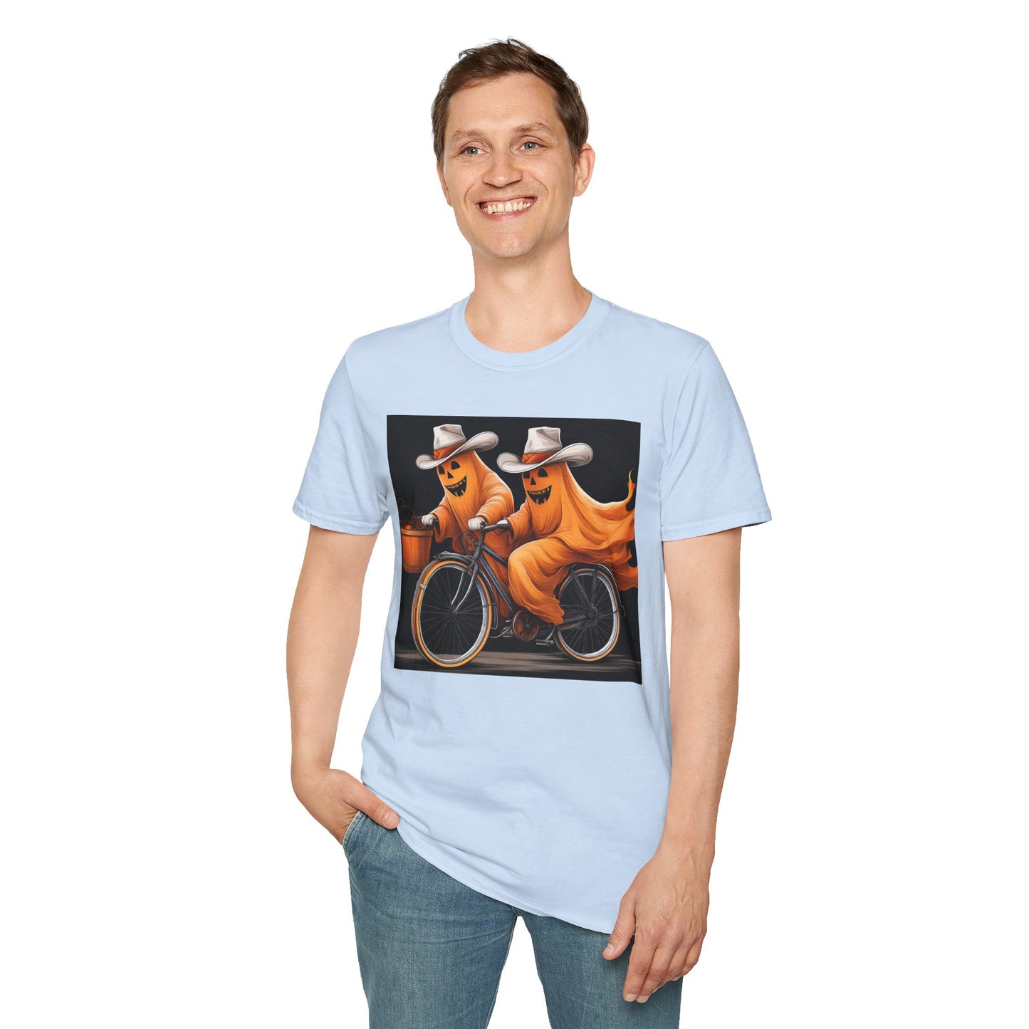 Funny cowboyGhost Bicycle T-Shirt | Halloween Tee for Kids, Unisex Festival Apparel, Ghostly Fun Wear, Spooky Season Gift