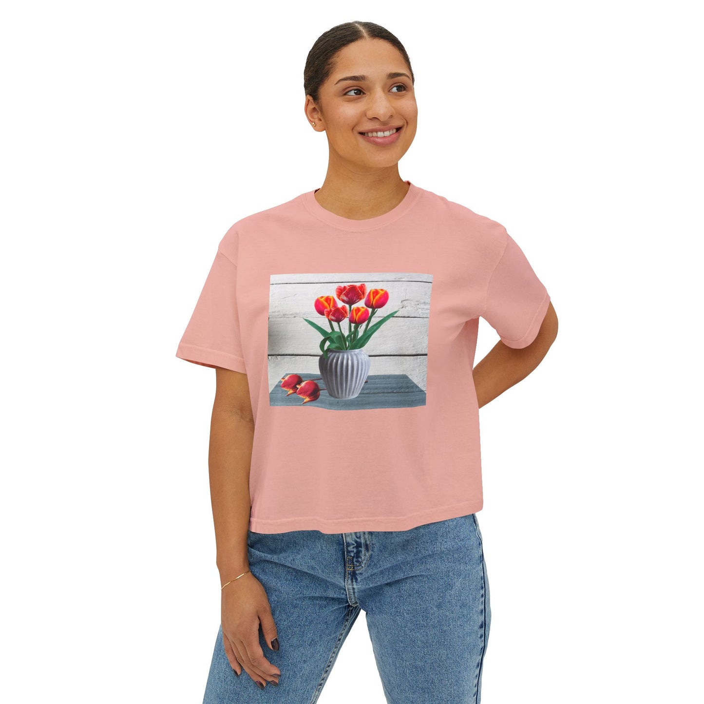 Floral Country Tulips Women's Boxy Tee - Cute Spring Top, Casual Wear, Gift for Her, Garden Lovers, Everyday Style