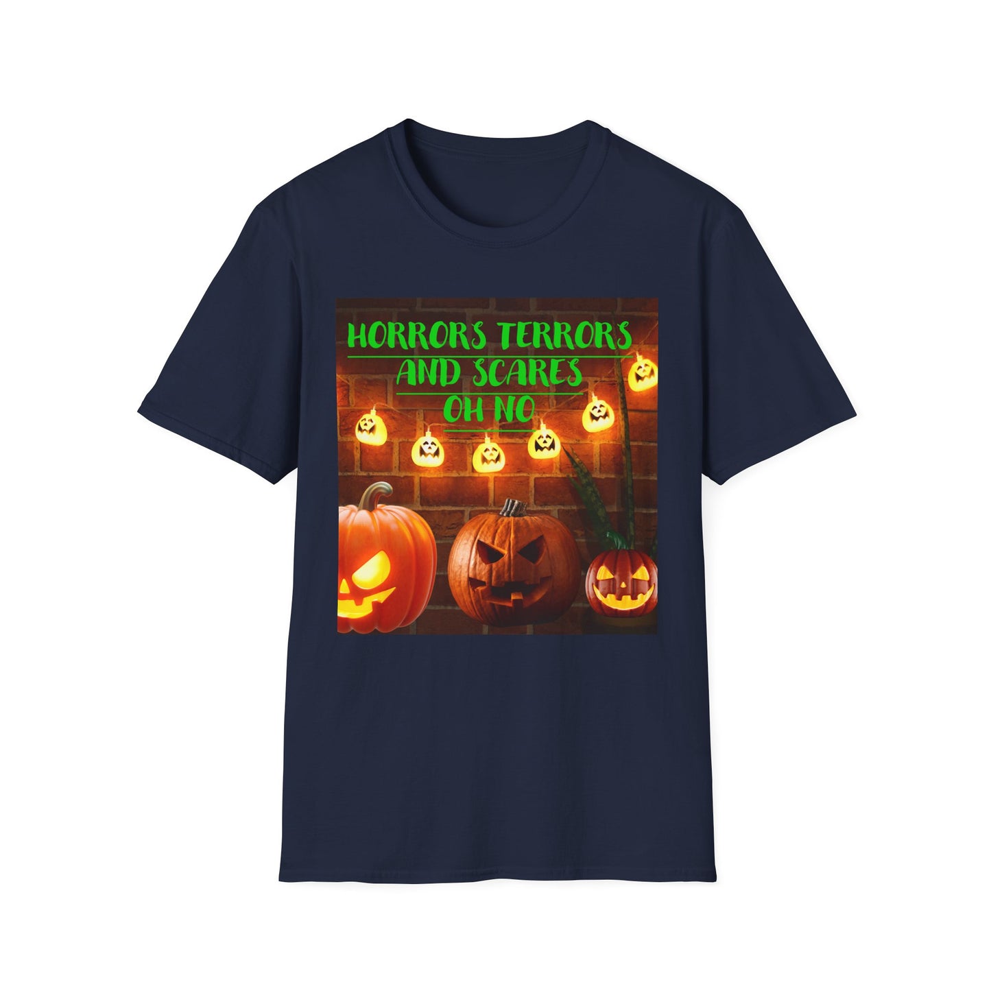 Halloween T-Shirt with Scary Pumpkins and string lights - Horror, Terrors and Scares Oh No