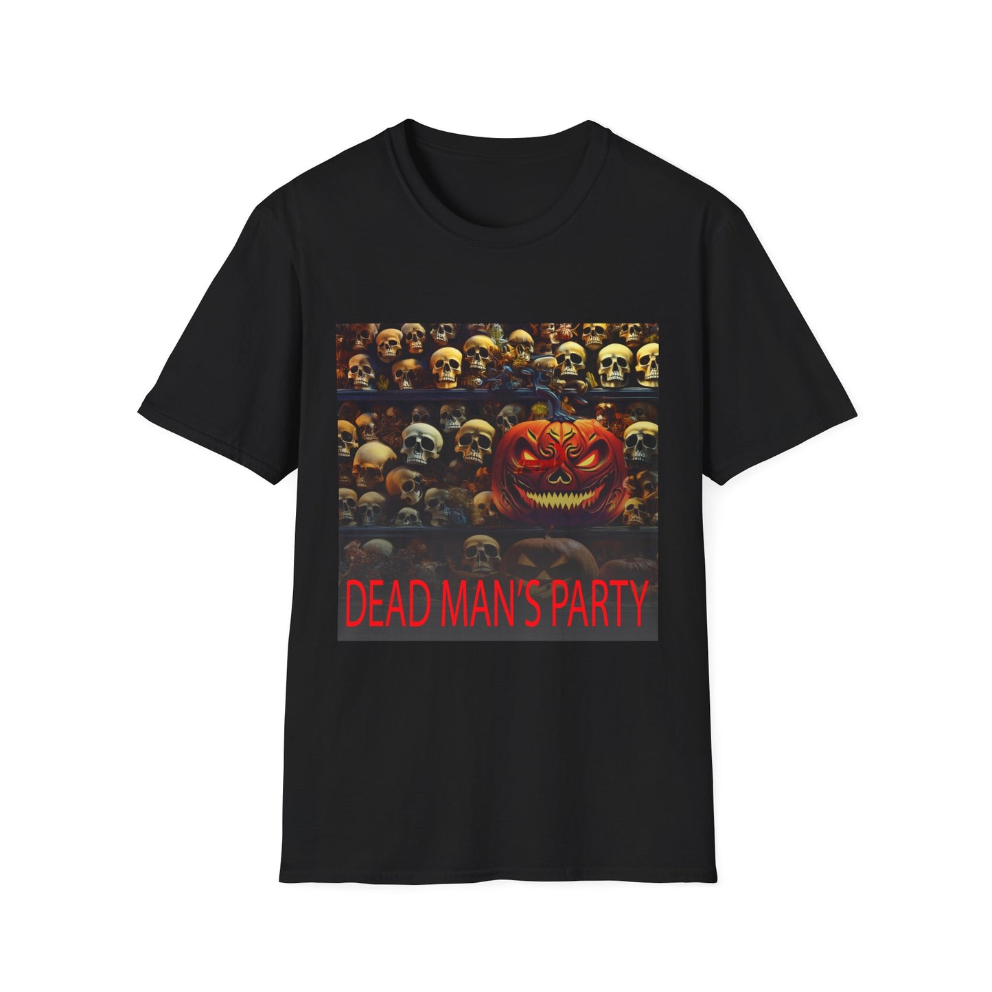 Halloween Dead Mans Party Tee, Unisex Softstyle T-Shirt, Skull Graphic Shirt, Casual Halloween Outfit, Spooky Season Apparel, Horror Fan Gift