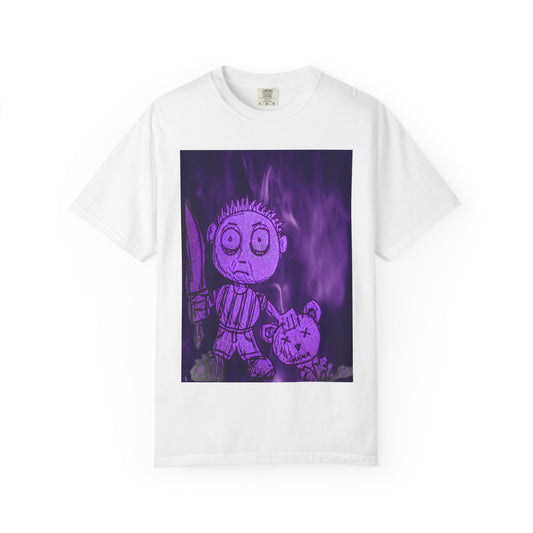 Horror Cartoon T-Shirt — Creepy Knife Kid with Broken Bunny Graphic