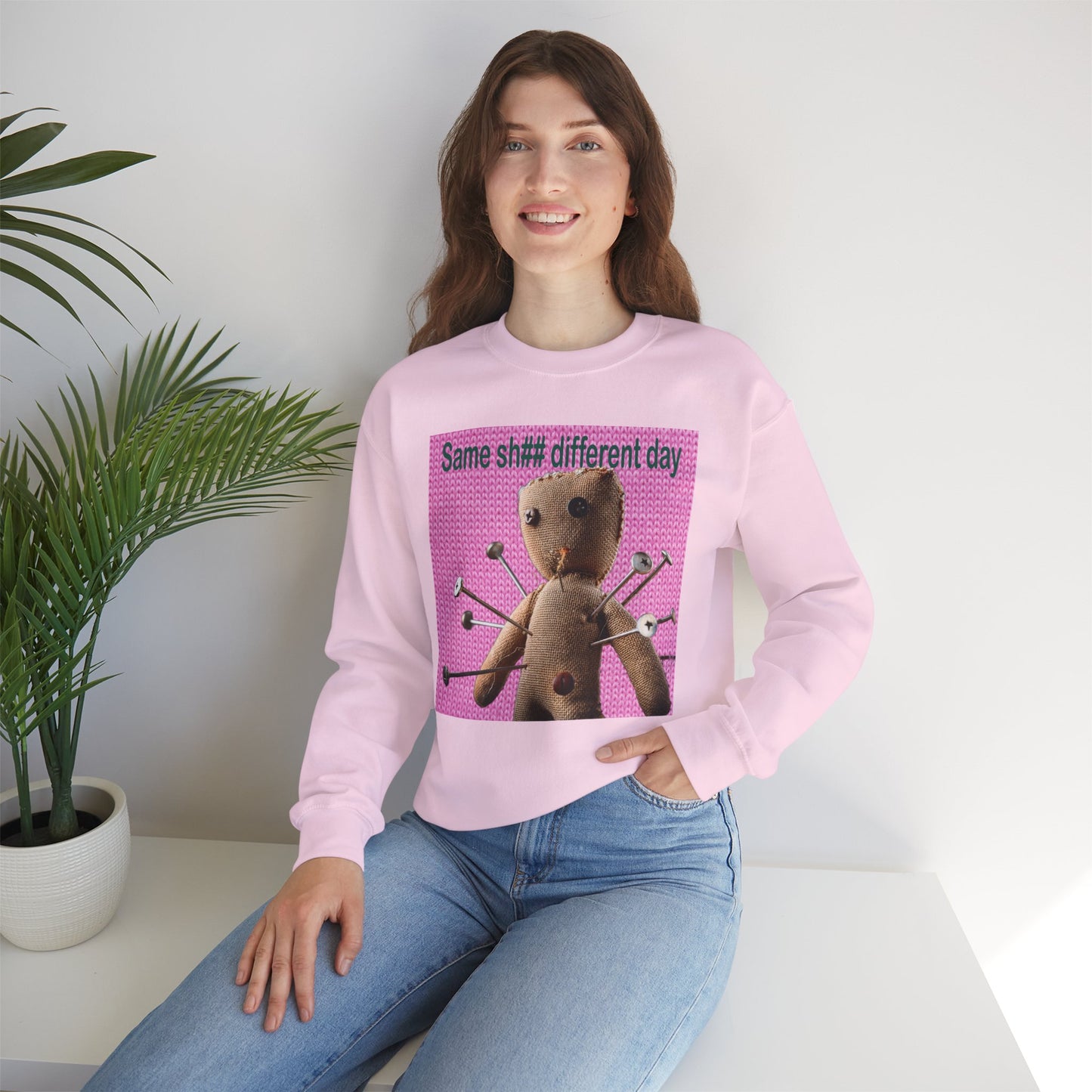 Voodoo Doll Funny Graphic Crewneck Sweatshirt, Casual Everyday Wear, Perfect Gift for Friends & Family, Humor, Quirky Style, Unisex