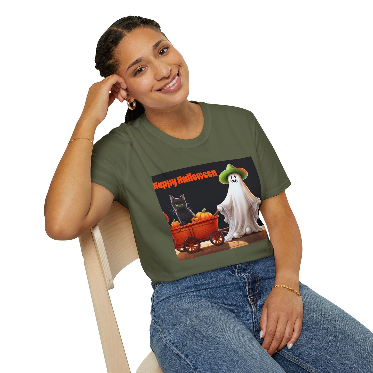 Halloween Ghost with wagon t-Shirt, trick or treating Funny Halloween Tee, Unisex Casual Shirt, Cute Halloween Costume, Spooky Holiday Apparel