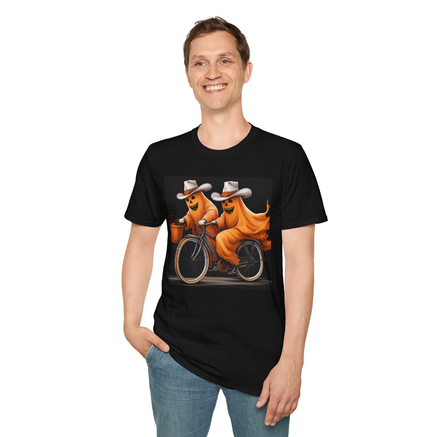 Funny cowboyGhost Bicycle T-Shirt | Halloween Tee for Kids, Unisex Festival Apparel, Ghostly Fun Wear, Spooky Season Gift