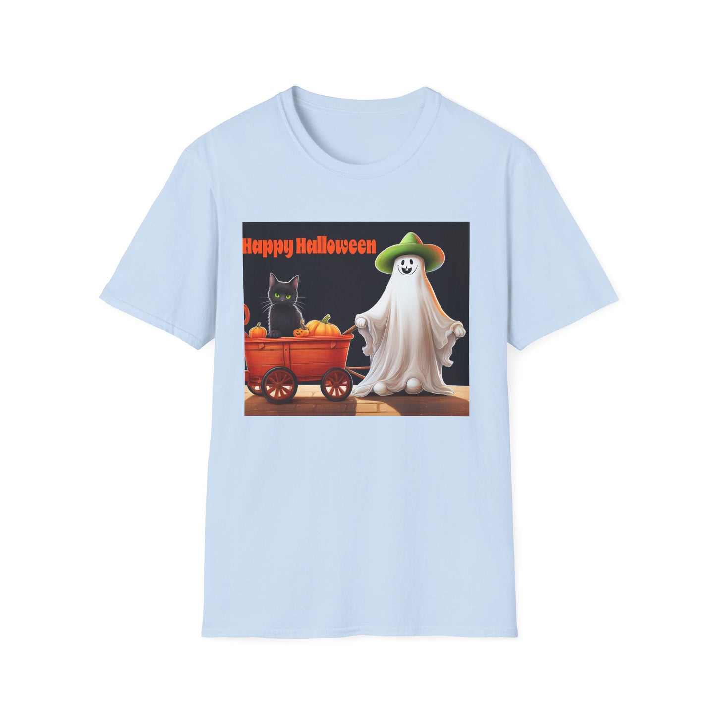Halloween Ghost with wagon t-Shirt, trick or treating Funny Halloween Tee, Unisex Casual Shirt, Cute Halloween Costume, Spooky Holiday Apparel
