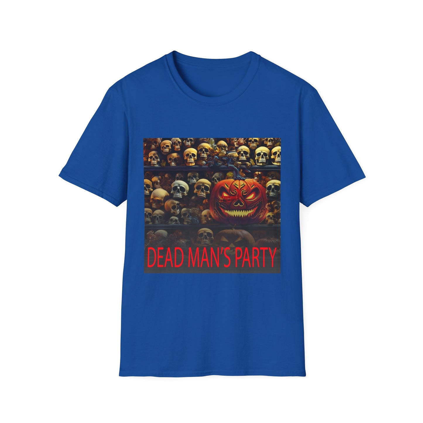 Halloween Dead Mans Party Tee, Unisex Softstyle T-Shirt, Skull Graphic Shirt, Casual Halloween Outfit, Spooky Season Apparel, Horror Fan Gift
