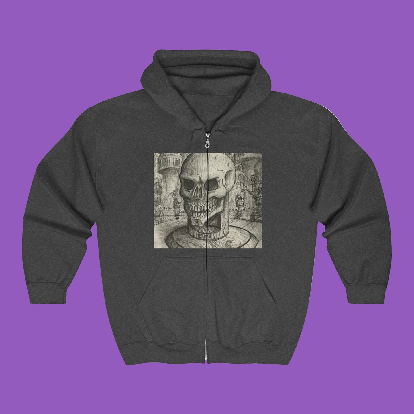 Gothic Black and White Skull Zip Hoodie, Unique Art Sweatshirt, Unisex Heavy Blend Hoodie