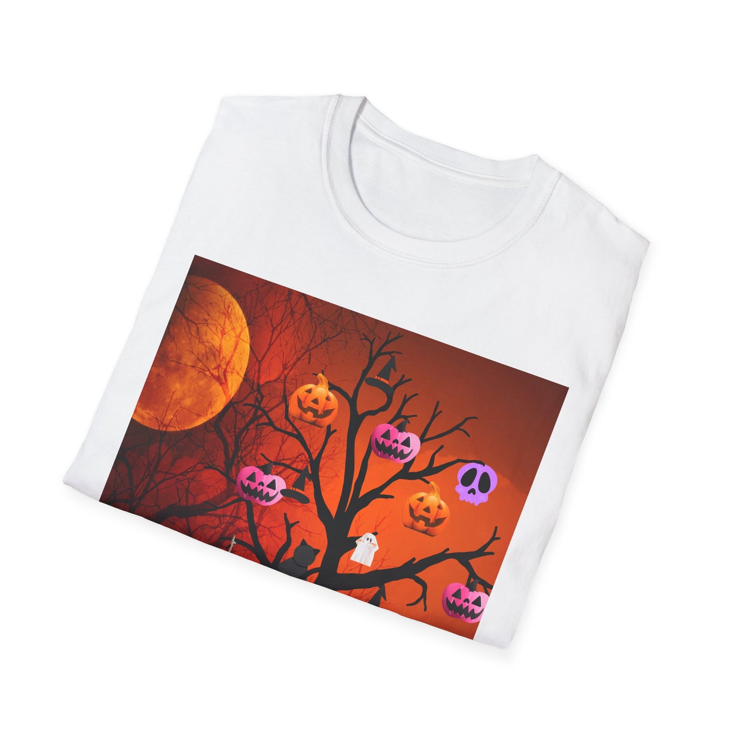 Halloween Pumpkin Tree T-Shirt, Unisex Softstyle Tee for Halloween, Spooky Vibes, Autumn Fashion, Fall Celebration Shirt