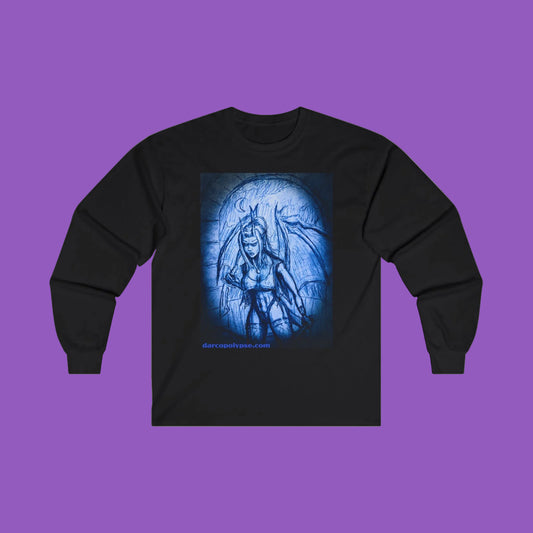 Gothic Female Demon Art Long Sleeve Tee — Blue Gothic Illustration