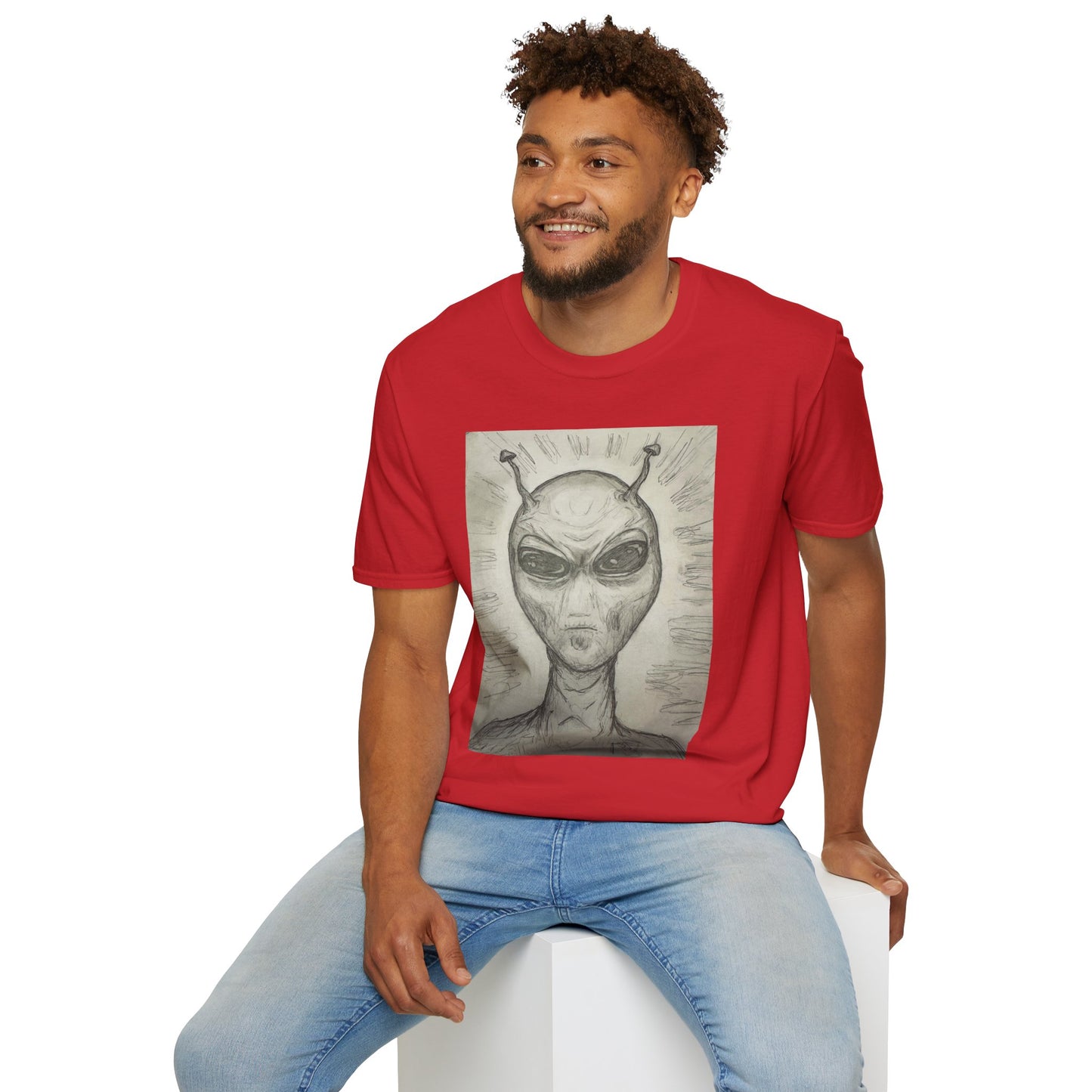 Alien Sketch B & W Unisex Softstyle T-Shirt, Casual Graphic Tee, Sci-Fi Lover Apparel, Unique Gift for UFO Enthusiasts, Everyday Wear