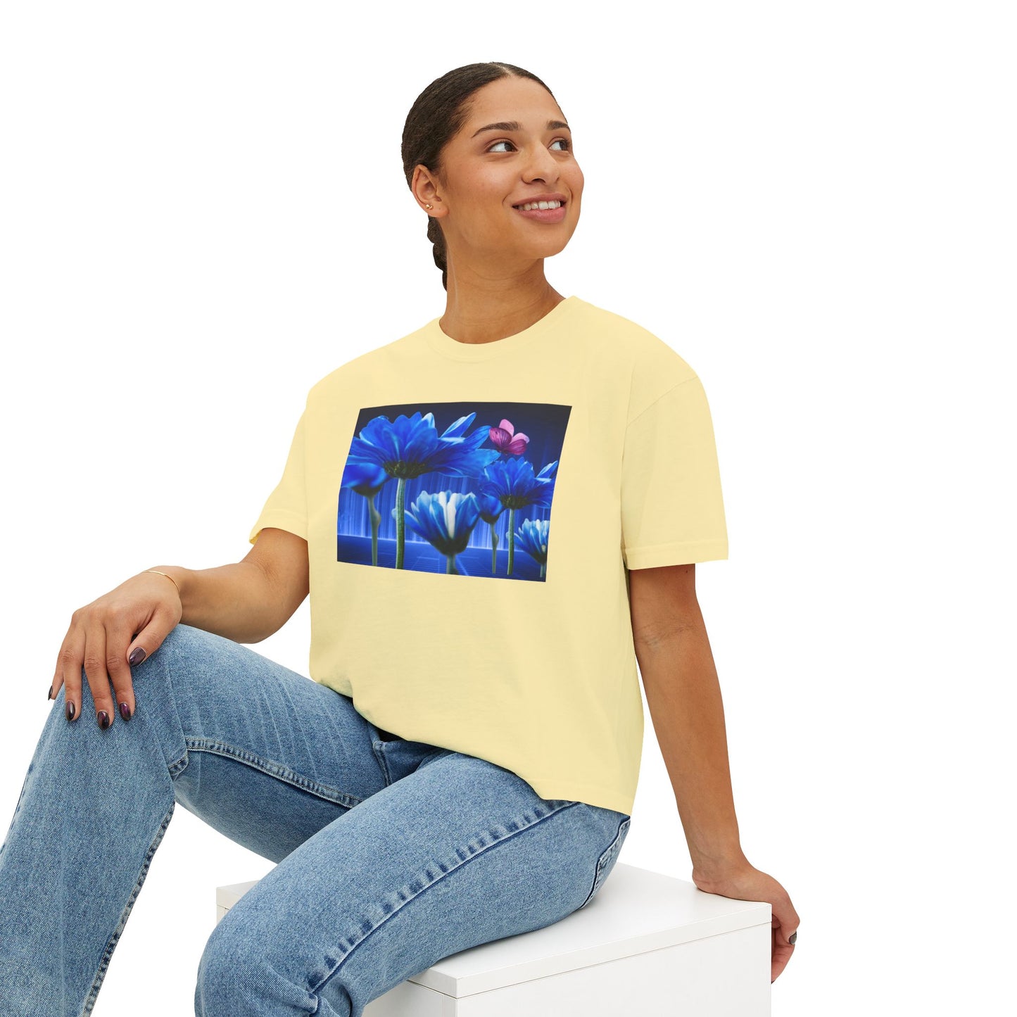 Floral Blue Flowered Backlight Women's Boxy Tee, Boho Chic Style, Perfect Summer Top, Gift for Her, Casual Cute Shirt, Nature-Inspired Apparel