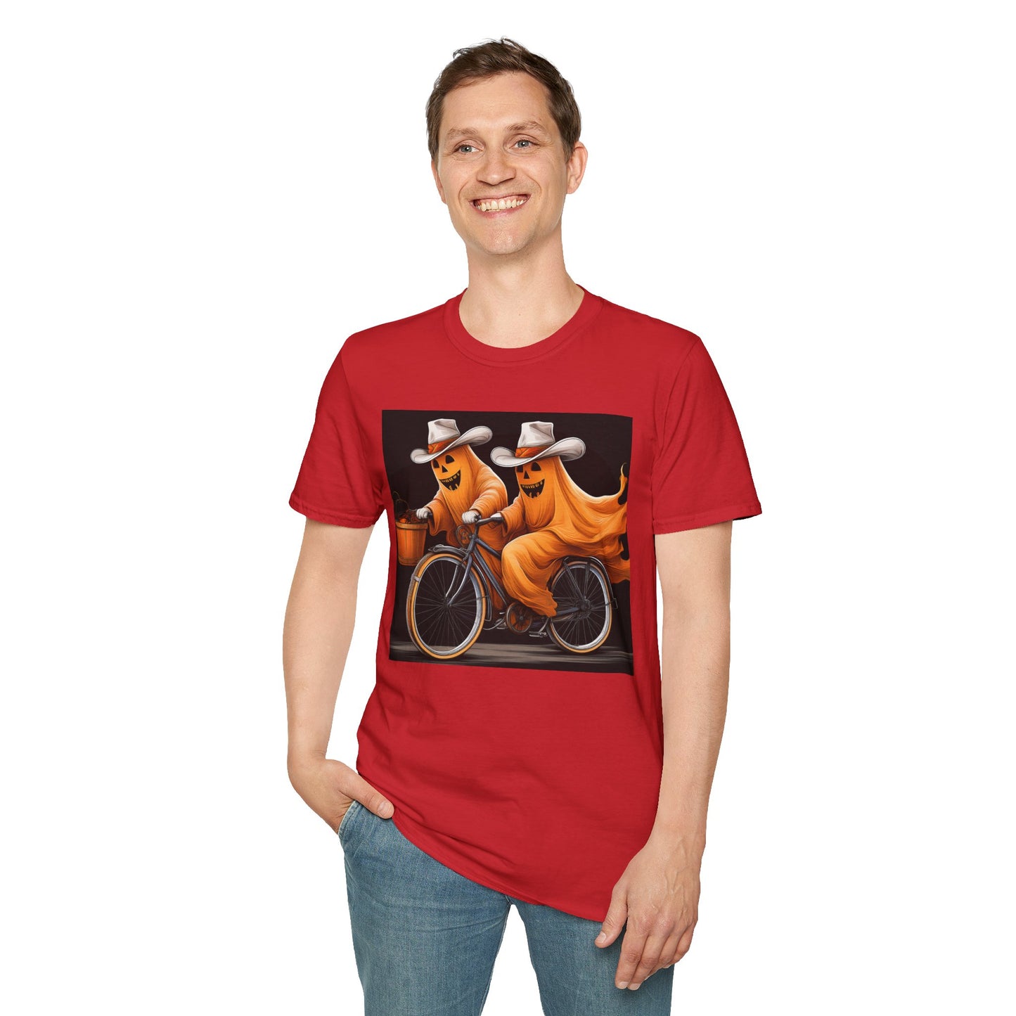 Funny cowboyGhost Bicycle T-Shirt | Halloween Tee for Kids, Unisex Festival Apparel, Ghostly Fun Wear, Spooky Season Gift