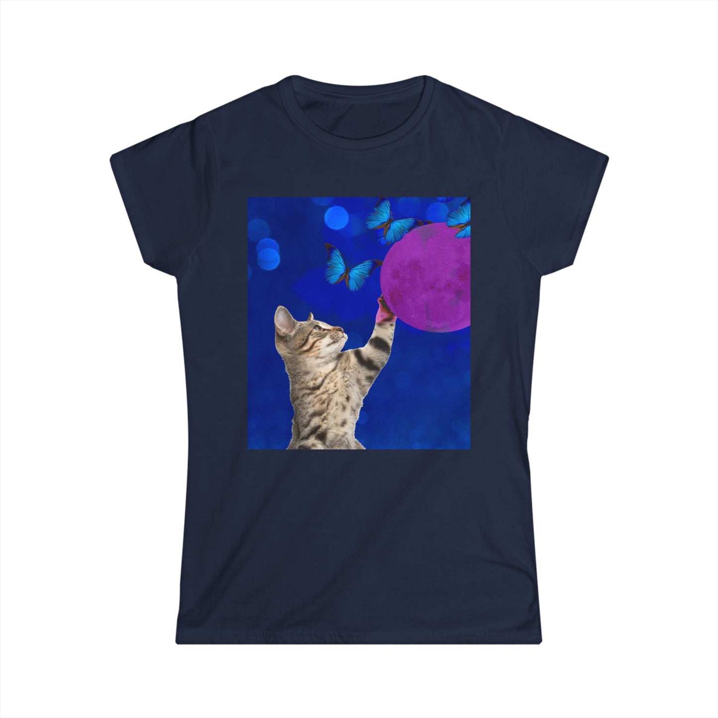 Playful tabby reaches for pink moon Women's Softstyle Tee