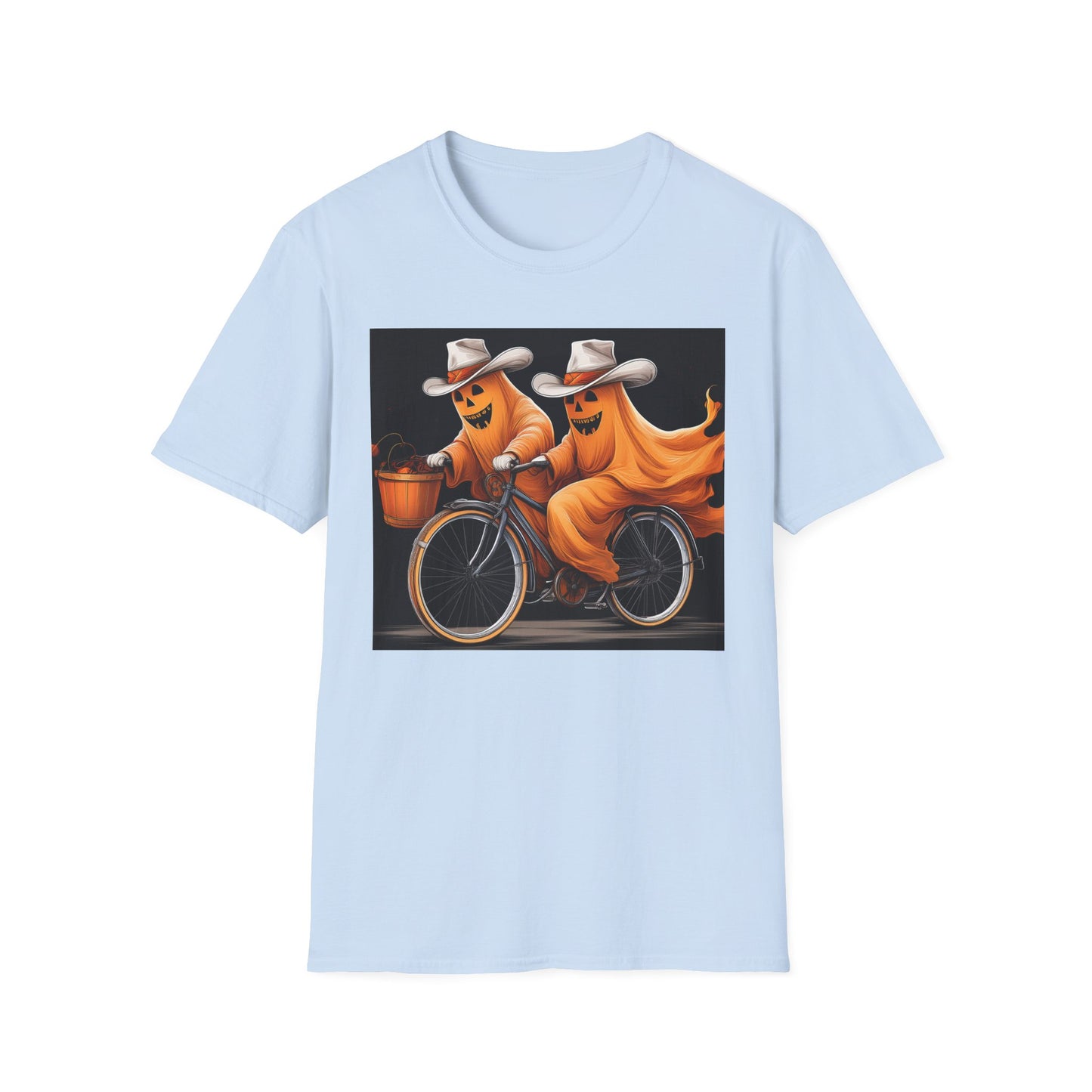 Funny cowboyGhost Bicycle T-Shirt | Halloween Tee for Kids, Unisex Festival Apparel, Ghostly Fun Wear, Spooky Season Gift