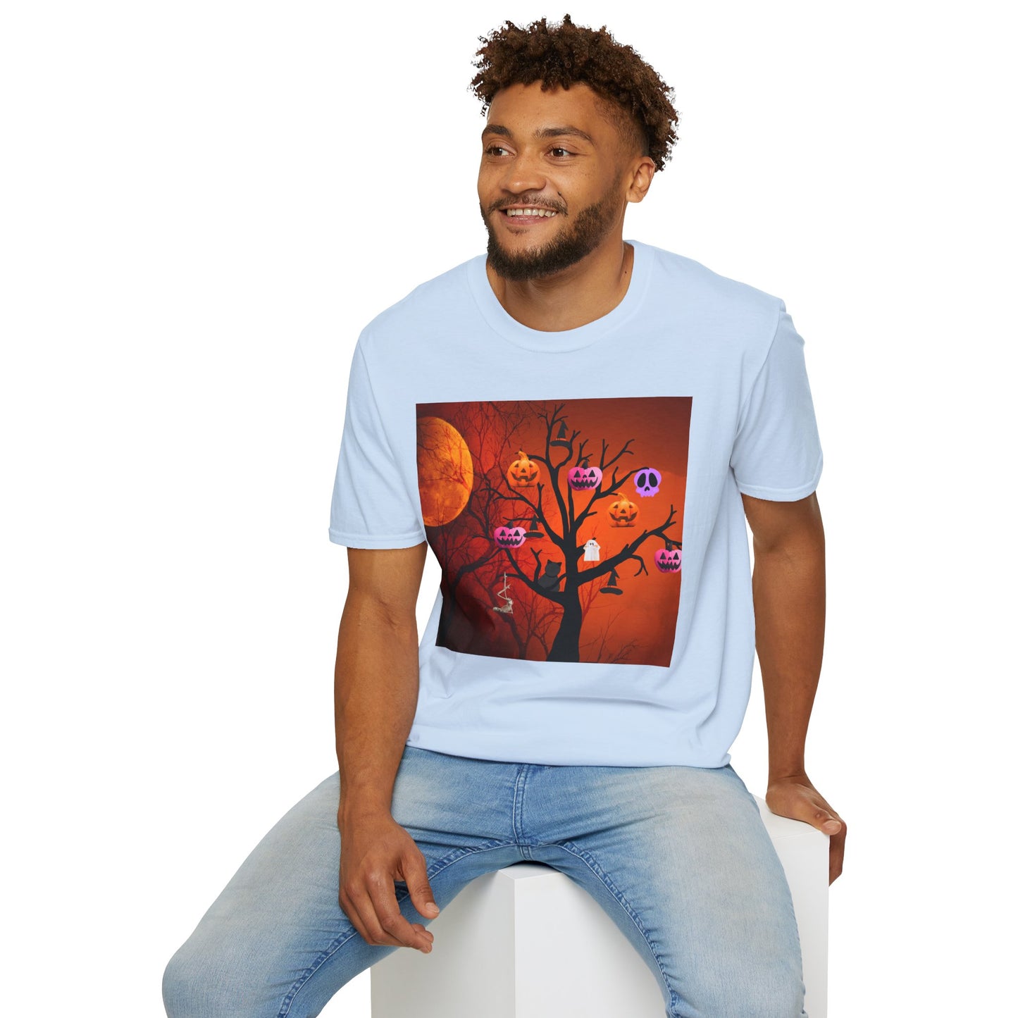 Halloween Pumpkin Tree T-Shirt, Unisex Softstyle Tee for Halloween, Spooky Vibes, Autumn Fashion, Fall Celebration Shirt