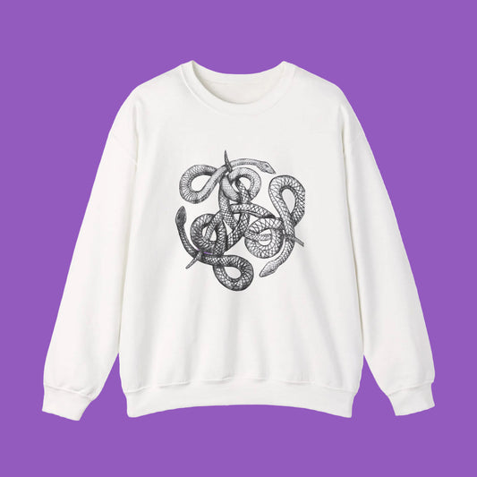 Crewneck Sweatshirt – Black Entwined Snakes Engraving Graphic