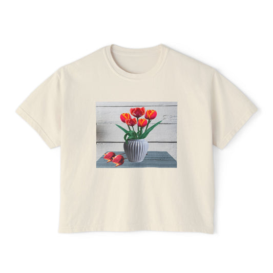Floral Country Tulips Women's Boxy Tee - Cute Spring Top, Casual Wear, Gift for Her, Garden Lovers, Everyday Style