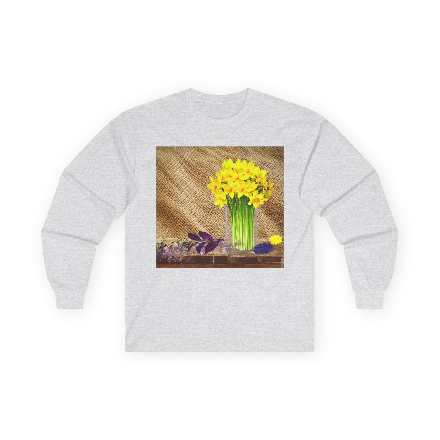 Burlap Floral Long Sleeve Tee - Perfect for Outdoor Gatherings, Gift for Garden Lovers, Spring Celebrations, Cozy Casual Wear
