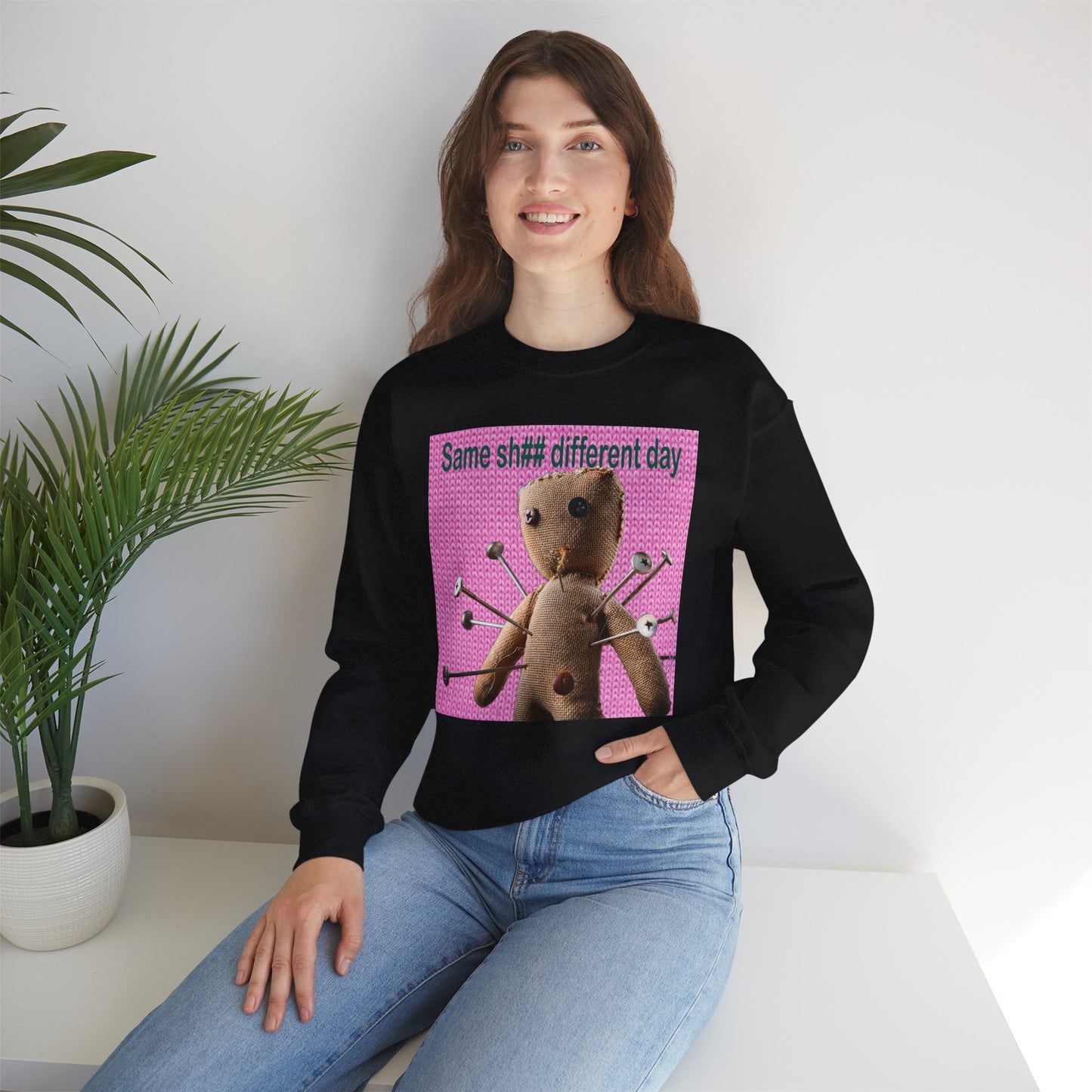 Voodoo Doll Funny Graphic Crewneck Sweatshirt, Casual Everyday Wear, Perfect Gift for Friends & Family, Humor, Quirky Style, Unisex