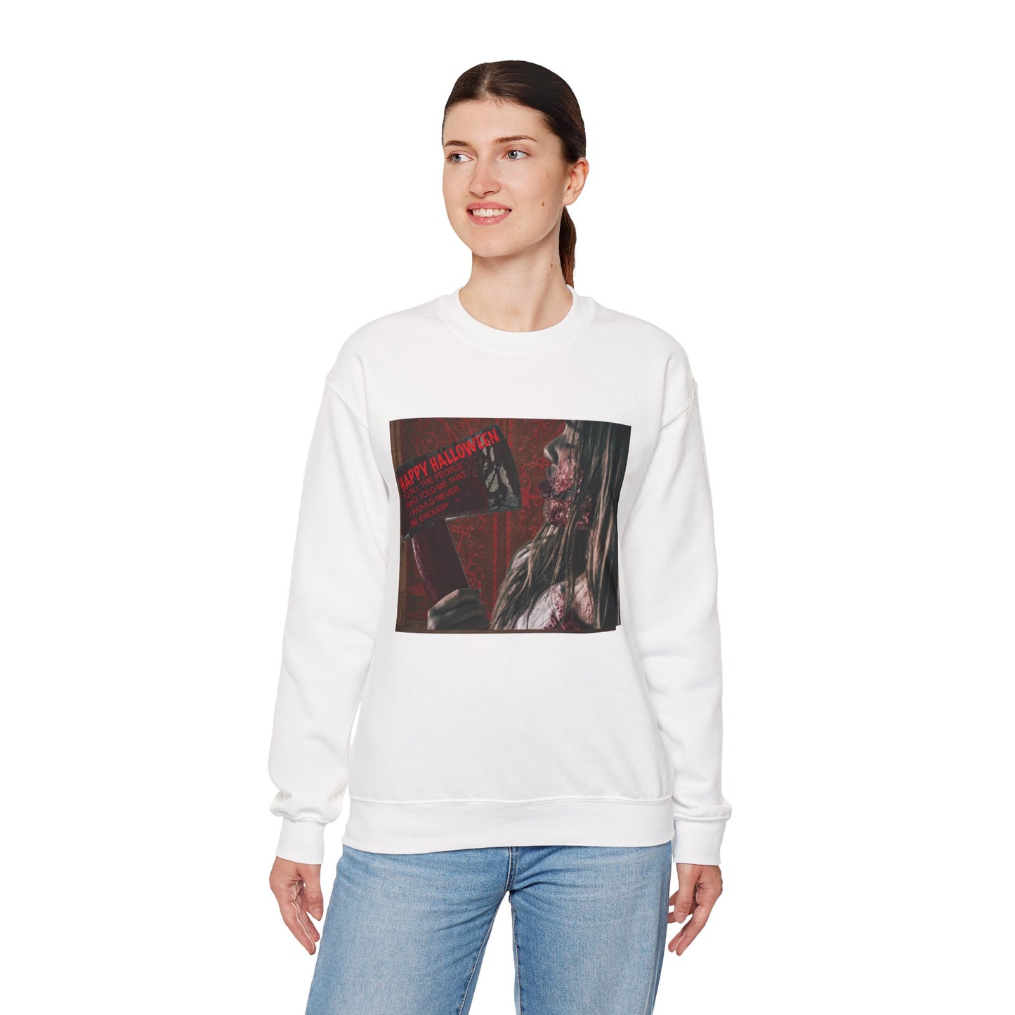 Halloween Horror Girl with Axe Sweatshirt, Unisex Crewneck, Horror Movie Fan Apparel, Halloween Costume Layering