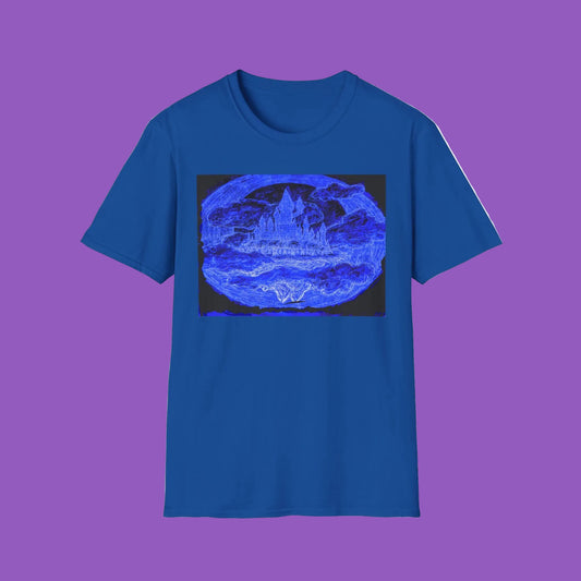 Blue Dreamscape T-Shirt — Ethereal Castle Night Scene