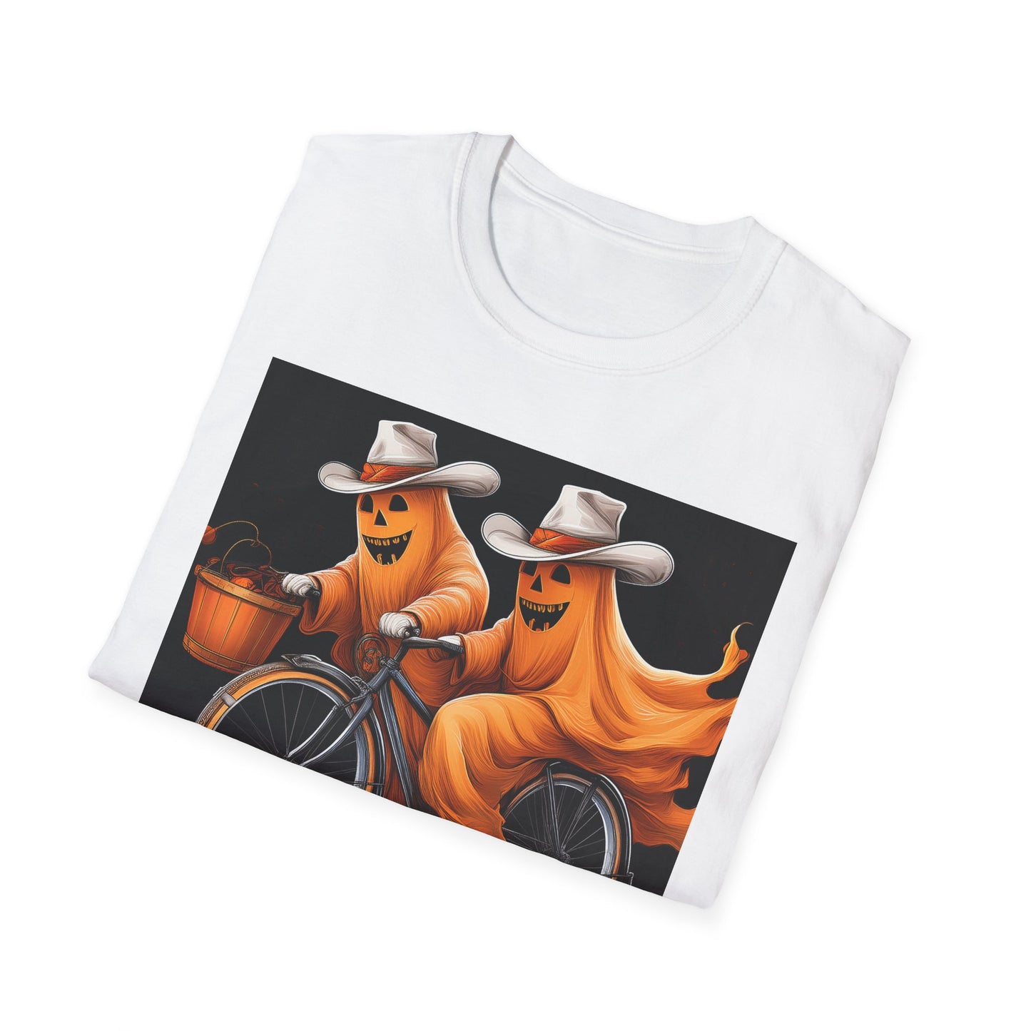 Funny cowboyGhost Bicycle T-Shirt | Halloween Tee for Kids, Unisex Festival Apparel, Ghostly Fun Wear, Spooky Season Gift