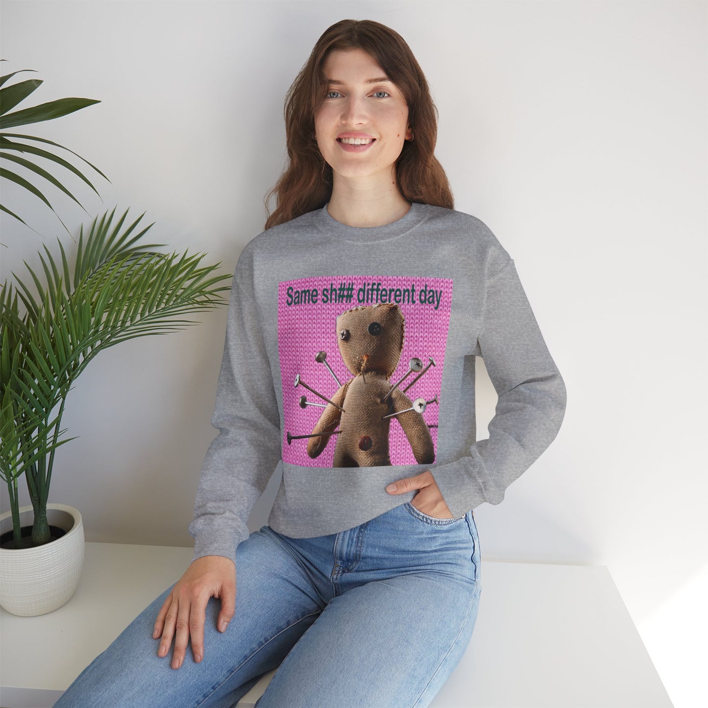 Voodoo Doll Funny Graphic Crewneck Sweatshirt, Casual Everyday Wear, Perfect Gift for Friends & Family, Humor, Quirky Style, Unisex