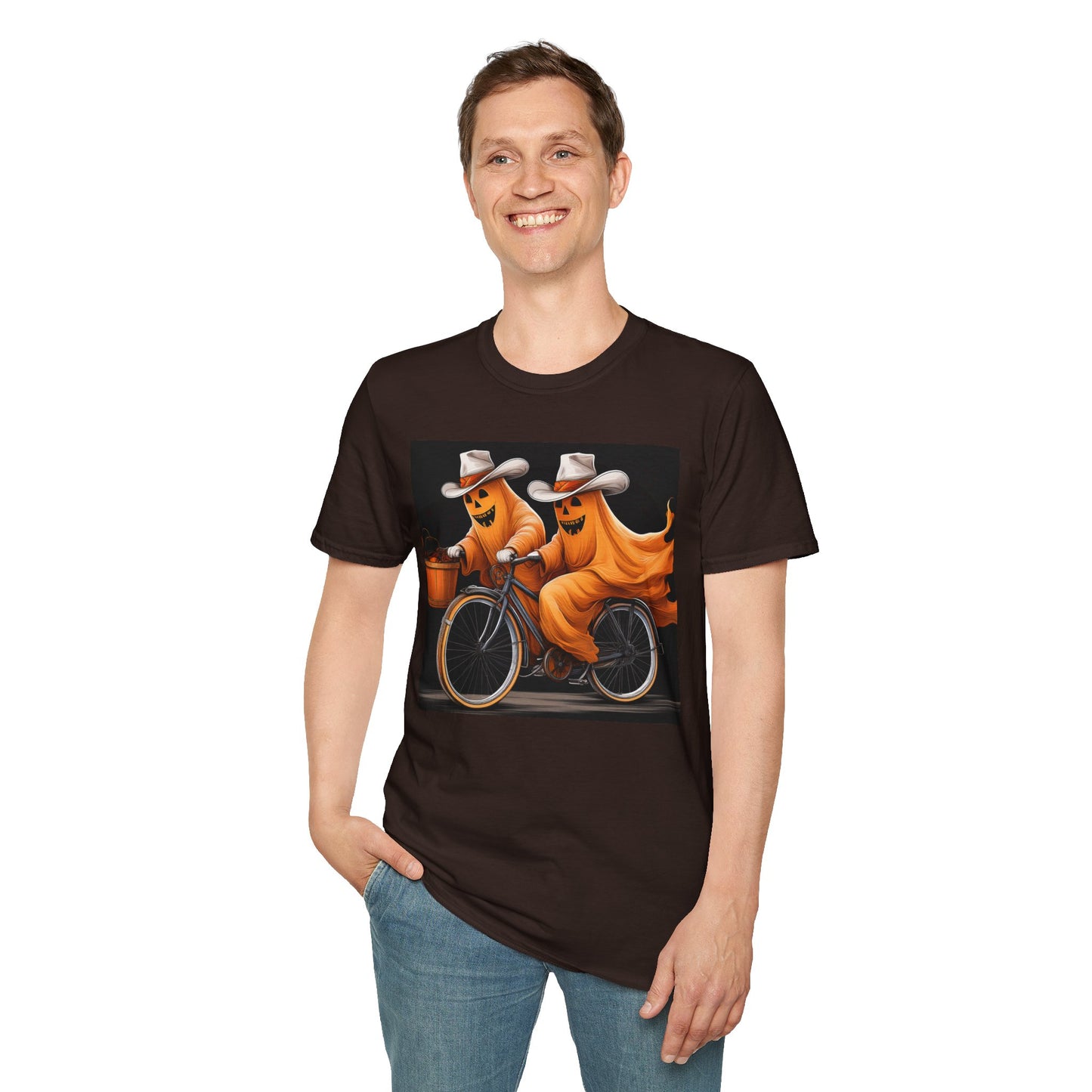 Funny cowboyGhost Bicycle T-Shirt | Halloween Tee for Kids, Unisex Festival Apparel, Ghostly Fun Wear, Spooky Season Gift