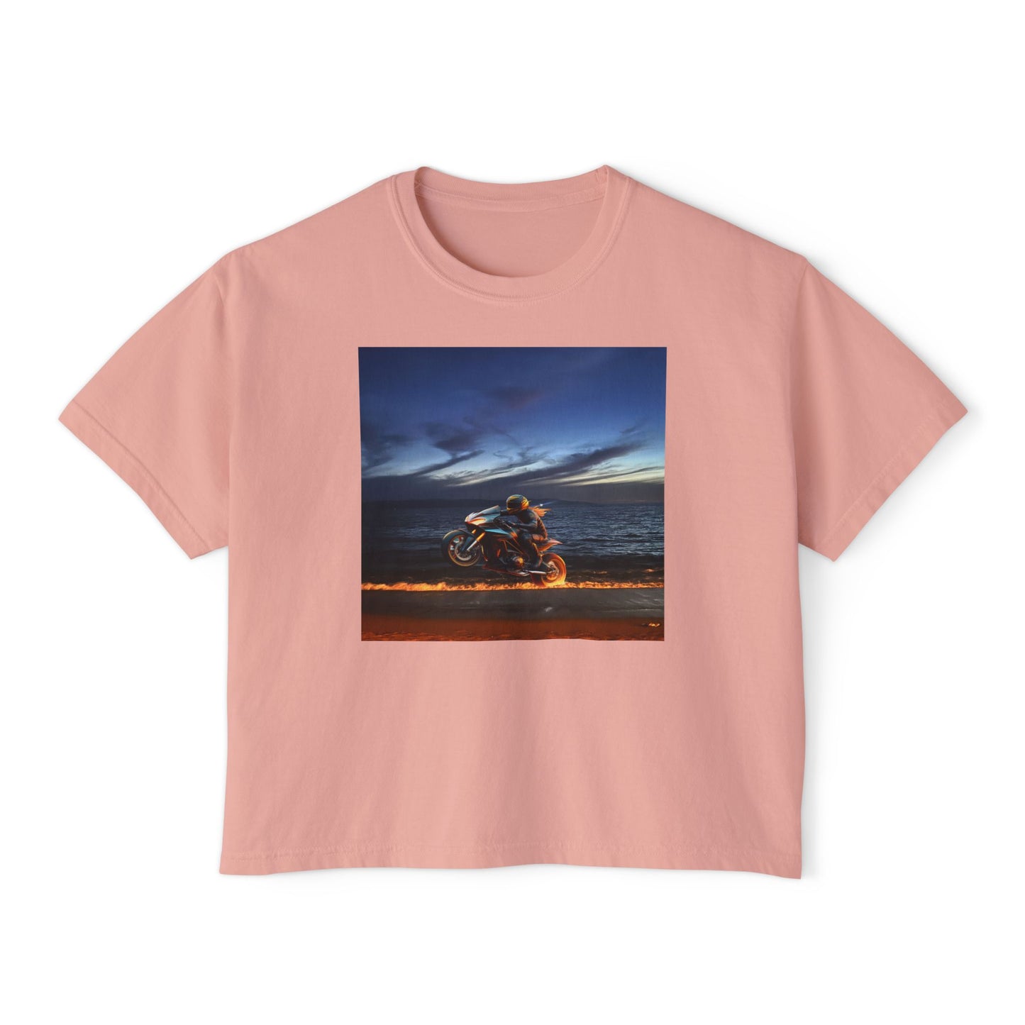 Women's Boxy Tee Fire Wheelie Ocean Sunset Design, Relaxed Fit T-Shirt, Perfect for Casual Wear, Summer Vibe, Beach Day Gift