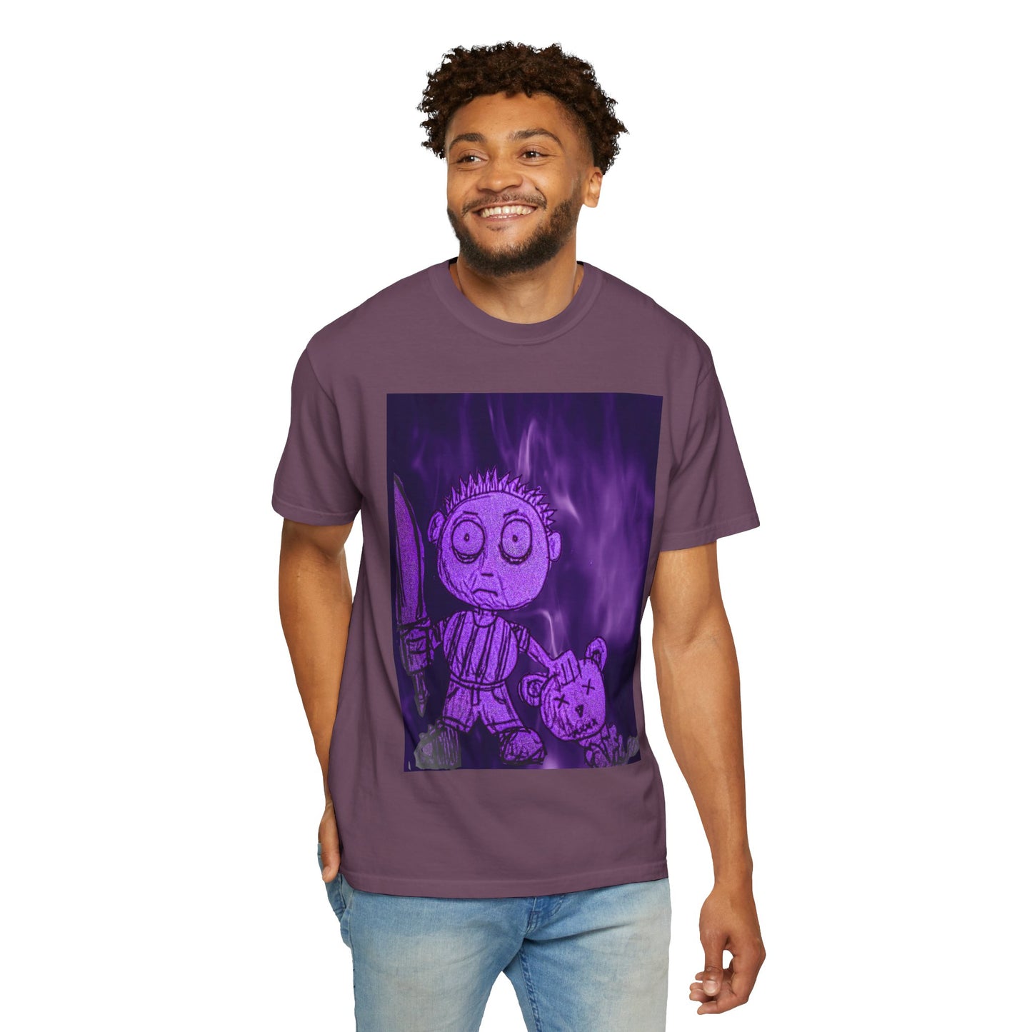 Horror Cartoon T-Shirt — Creepy Knife Kid with Broken Bunny Graphic