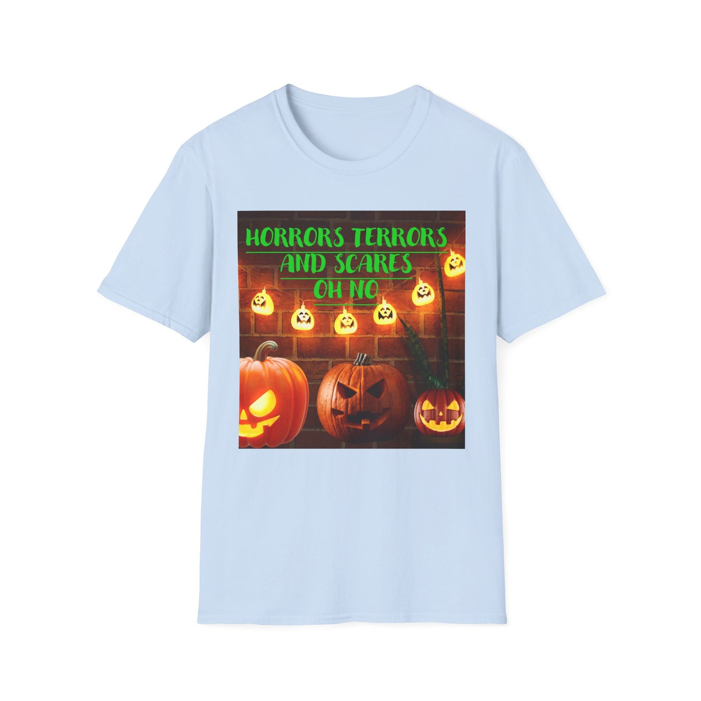 Halloween T-Shirt with Scary Pumpkins and string lights - Horror, Terrors and Scares Oh No